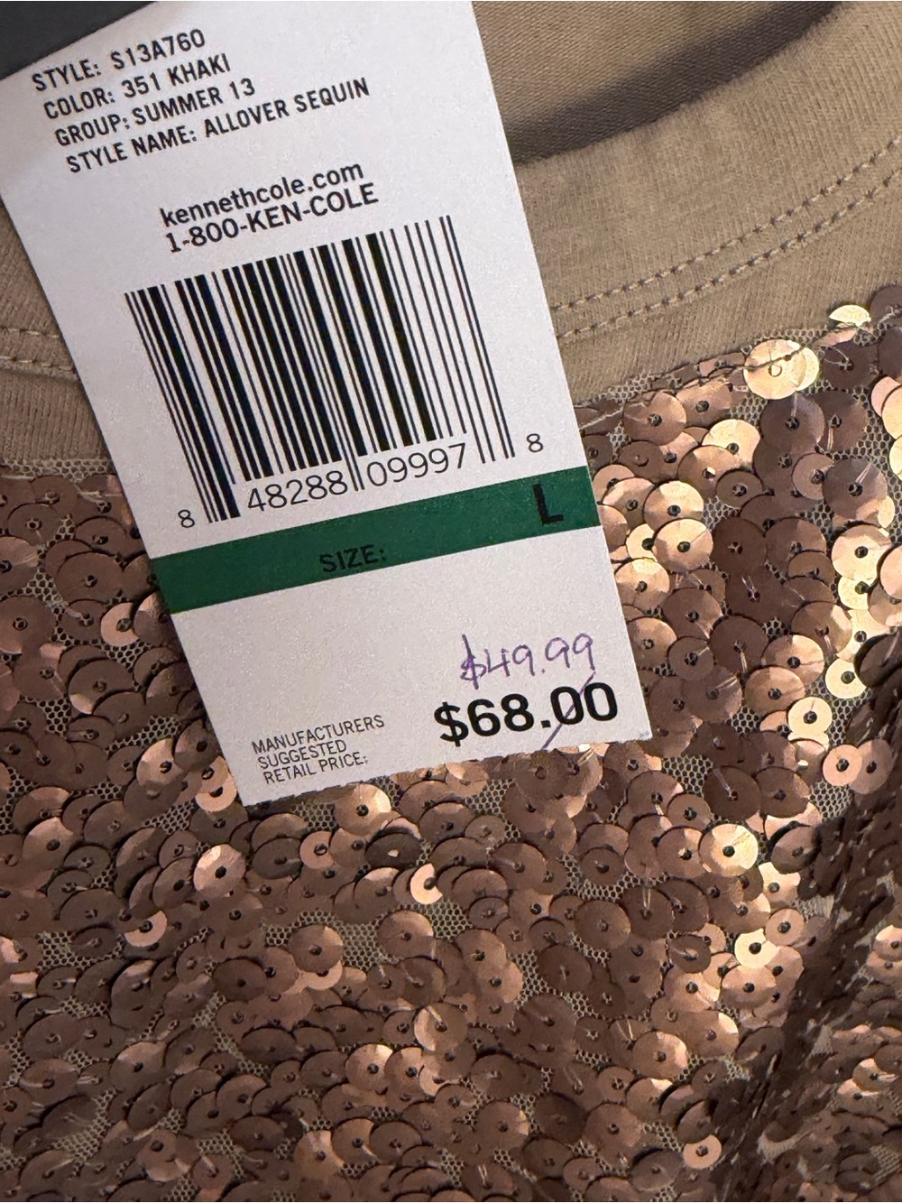 Kenneth Cole Rose Gold Sequin Front Tank - Olive Back L NWT - Picture 2 of 9